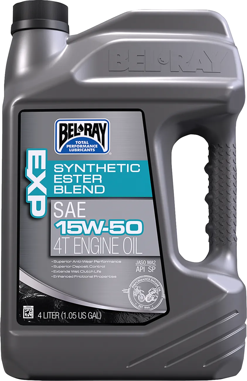Bel-Ray EXP 15W-50 semi-synthetic motorcycle engine oil