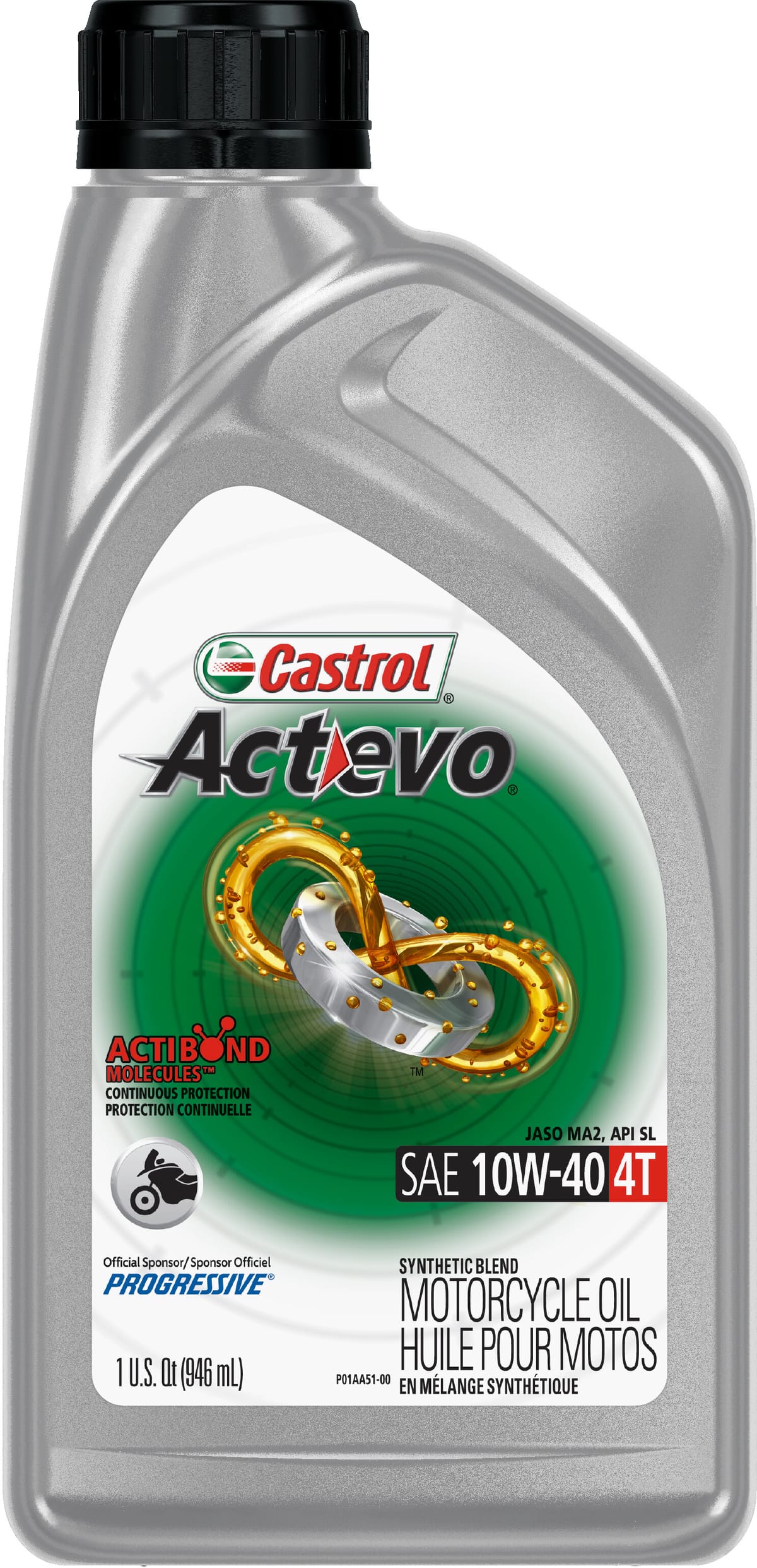Castrol Actevo 4T 10W-40 motorcycle engine oil, 1 qt bottle
